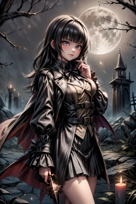 a vampire hunter girl wearing a Black Trench Coat and skirt, looking a compass, foggy woods at night, castlevania art style, moon, lanterns and candles floating all aruond