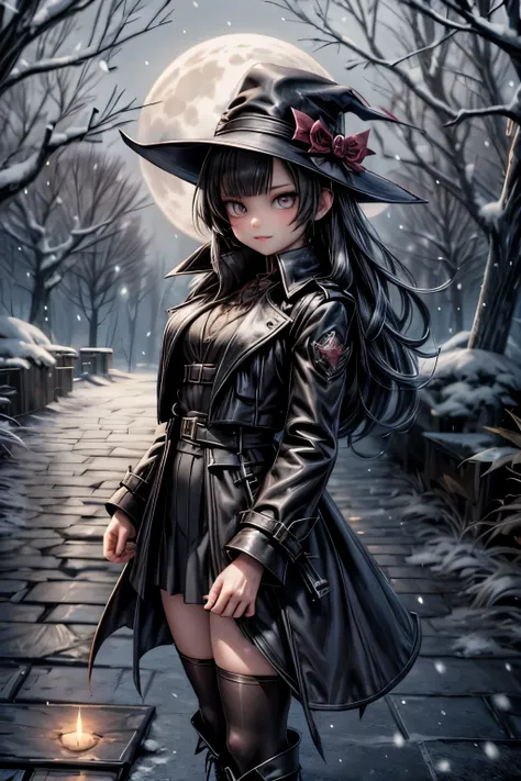 a vampire hunter girl wearing a black trench coat and skirt, tighhighs, (looking a compass), icy woods at night, snowing at nigh...