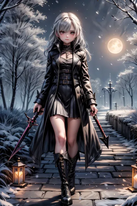 a vampire hunter girl wearing a black trench coat and skirt, intrincated hairstyle, tighhighs, pumps, (reading a compass), icy w...