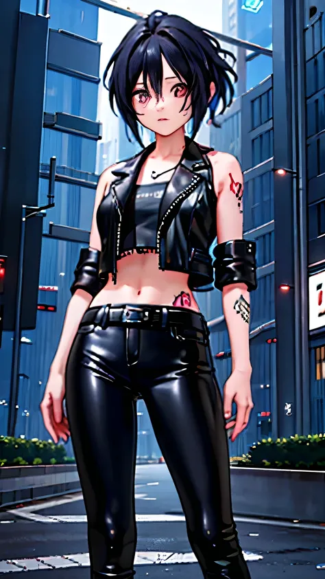 (highest quality)，masterpiece，Super detailed，8K, UHD，Beautiful woman，japanese woman，No expression，whole body，((tattoo))，slim，black leather pants，black leather vest，(female mafia)，gangster，(cyberpunk city)，night，cinematic lightening，underworld