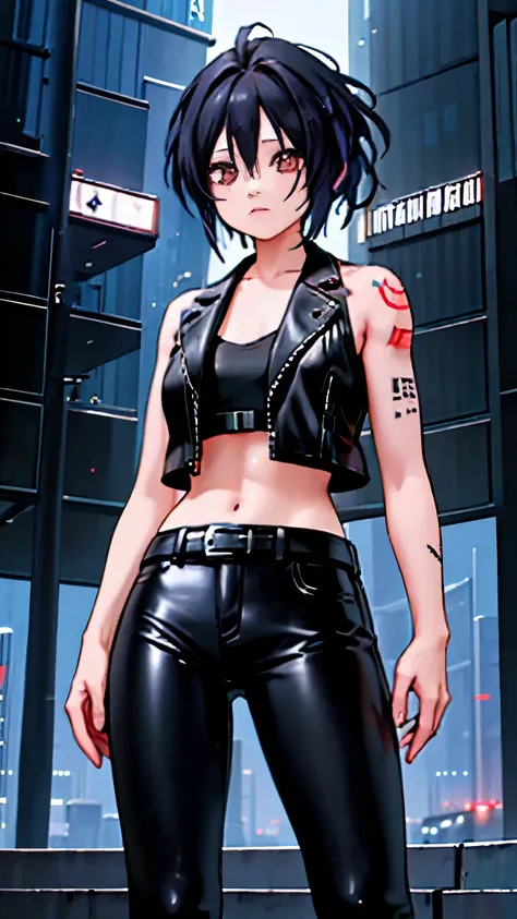 (highest quality)，masterpiece，Super detailed，8K, UHD，Beautiful woman，japanese woman，No expression，whole body，((tattoo))，slim，black leather pants，black leather vest，(female mafia)，gangster，(cyberpunk city)，night，cinematic lightening，underworld