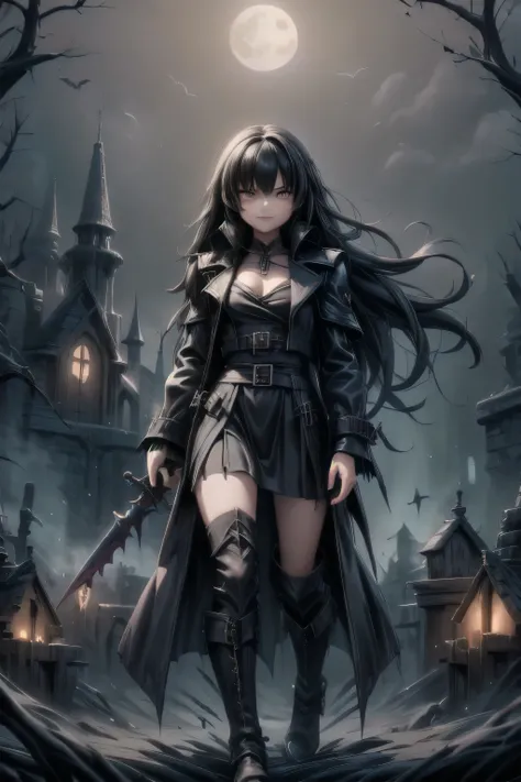 a vampire hunter girl wearing a black trench coat, dark castle at night, castlevania art style,