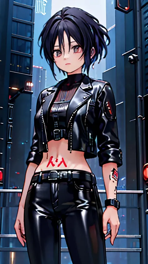 (highest quality)，masterpiece，Super detailed，8K, UHD，Beautiful woman，japanese woman，No expression，whole body，((tattoo))，slim，black leather pants，black leather vest，(female mafia)，gangster，(cyberpunk city)，night，cinematic lightening，underworld