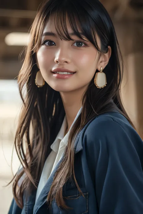 Upper Body、Beauty、Well-formed face、20-year-old、Uniform eyes、Small face、, light brown hair, hair over shoulder, parted bangs, straight hair, expressive hair, shiny hair, earrings, seductive smile, Surrealism, cinematic lighting, first-person view, pov, f/1....