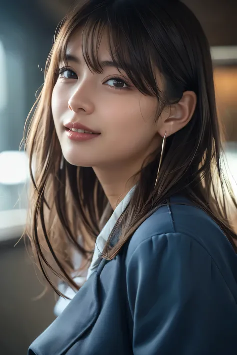 Upper Body、Beauty、Well-formed face、20-year-old、Uniform eyes、Small face、, light brown hair, hair over shoulder, parted bangs, straight hair, expressive hair, shiny hair, earrings, seductive smile, Surrealism, cinematic lighting, first-person view, pov, f/1....