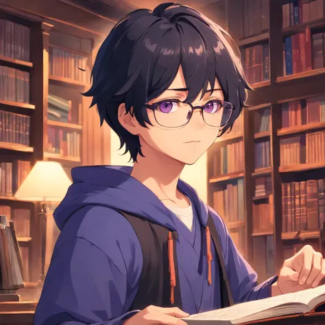 mascle, young adult, nobleman, magician, black hair, face detailed, detailed hands, roupas noblemans vermelhas, glasses, smart, charismatic appearance, confident, library background, snob, bage sweatshirt, Black hair, Purple eyes ￼￼