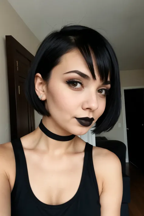 short woman with short combover selfie goth black lipstick black tanktop