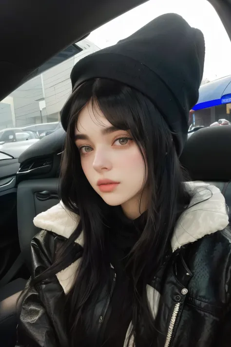 Arafed woman in black hat and jacket sitting in a car., She has black hair with bangs, her face looks like an orchid, beautiful dolphin, ilya kuvshinov con pelo largo, Portrait Sophie Mudd, Billie Eilish, pale skin persian girl, 18 years, Kailee Mandel, Sh...