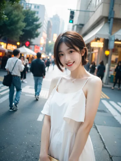 high resolution，4K，A genuine，Ultra-clear，light dress, 1 girl , Short and delicate hair，Show teeth when smiling，On the street