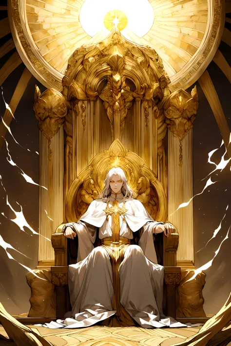 A powerful priest radiating flaming holy light like a God of light, His white hair is short, and your golden eyes. He is sitting on a throne within a placid Greek God like.