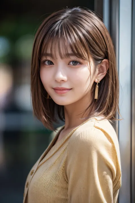 Upper Body、Beauty、Well-formed face、20-year-old、Uniform eyes、Small face、, light brown hair, hair over shoulder, parted bangs, straight hair, expressive hair, shiny hair, earrings, seductive smile, Surrealism, cinematic lighting, first-person view, pov, f/1....