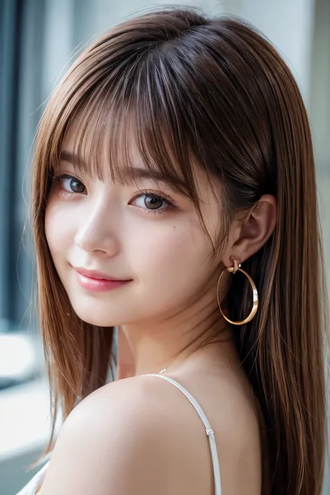 Upper Body、Beauty、Well-formed face、20-year-old、Uniform eyes、Small face、, light brown hair, hair over shoulder, parted bangs, straight hair, expressive hair, shiny hair, earrings, seductive smile, Surrealism, cinematic lighting, first-person view, pov, f/1....