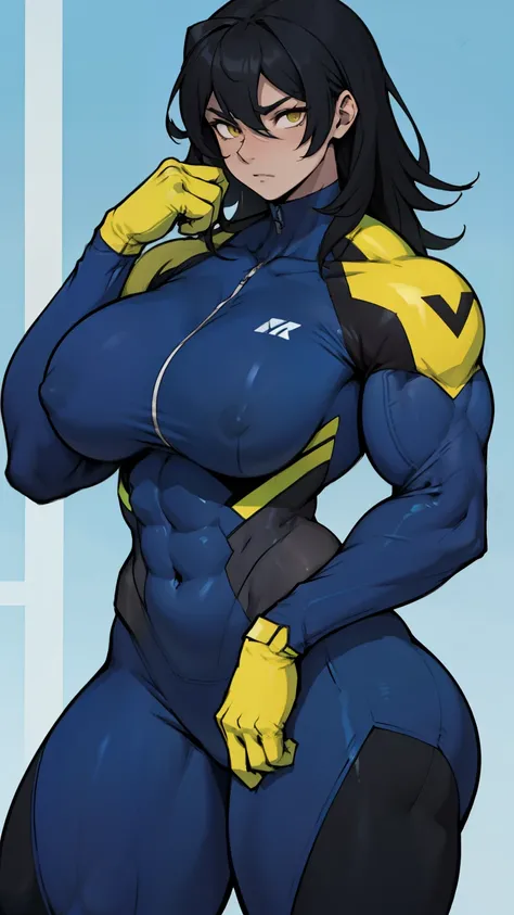 huge muscles huge breasts huge thighs sad expressionless black hair yellow eyes pale skin woman skintight suit super detailed highest quality