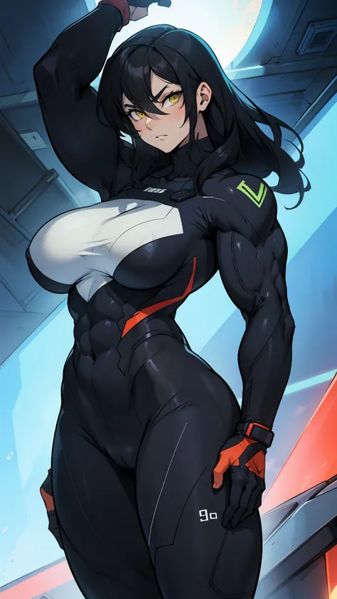 huge muscles huge breasts huge thighs sad expressionless black hair yellow eyes pale skin woman skintight suit super detailed highest quality