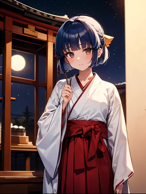 1 girl, Solo, 12 years old, cute girl, Best Quality, masutepiece, 8K, High resolution, Ultra-detailed, blue hair, bob hair, blunt bangs, (shrine maiden costume, white kimono, red hakama, hakama skirt), moonlight, night,