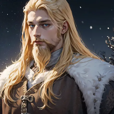 Viking King. Beautiful Long Blonde Hair. Medieval art. Snowy Background Full and connecting beard, Detailed hand and eyes