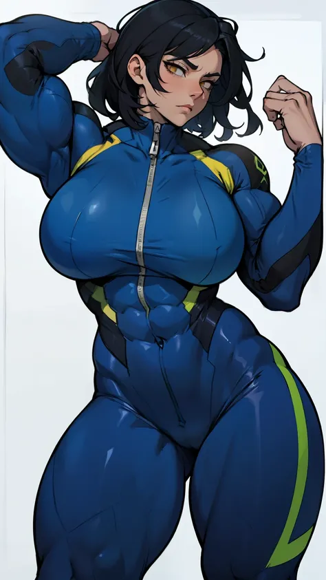 huge muscles huge breasts huge thighs sad expressionless black hair yellow eyes pale skin woman skintight suit super detailed highest quality