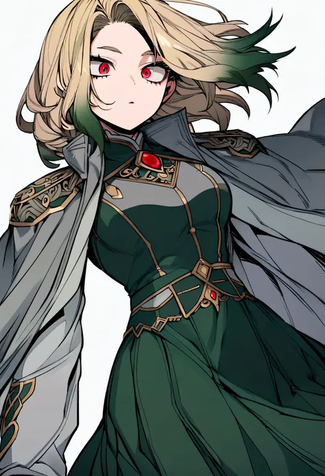 My Hero Academia Capture. Girl with blonde hair with dark green tips, crimson eyes, gray uniform with dark green on the shoulders and dark green skirt