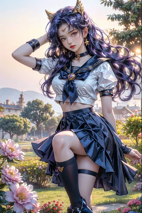 (Ultra-Realistic, 32k, Masterpiece: 1.2), (Detailed Skin: 1.1), (High Quality: 1.1), Sailor Saturn, open mouth, purple hair, tiara, Sailor Senshi uniform, purple sailor collar, pleated skirt, elbow hand pockets, jewelry, brooch, choker, knee socks, high he...