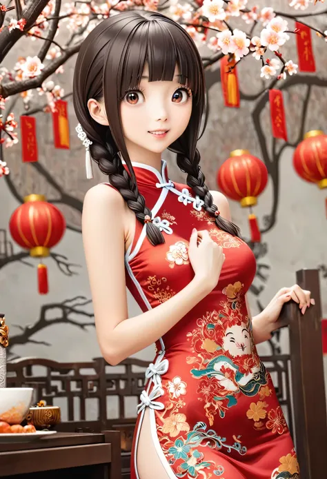 eyes are very fragile，double braids with cheongsam，chinese new year decorations（（smiling artwork）））， （（best quality））， （（intrica...