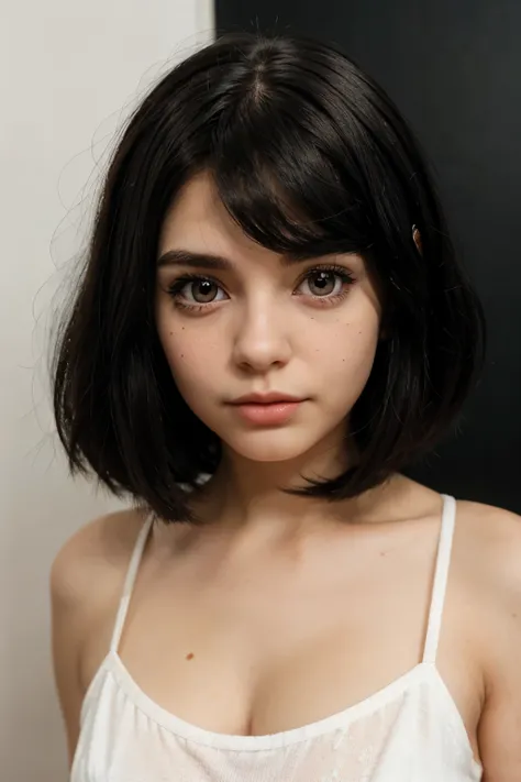 blythe doll without bangs with straight black hair, a mole under the left eye 