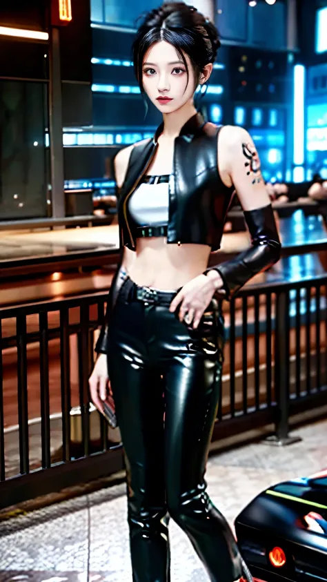 (highest quality)，masterpiece，Super detailed，8K, UHD，Beautiful woman，japanese woman，No expression，whole body，((tattoo))，slim，black leather pants，black leather vest，(female mafia)，gangster，(cyberpunk city)，night，cinematic lightening，underworld