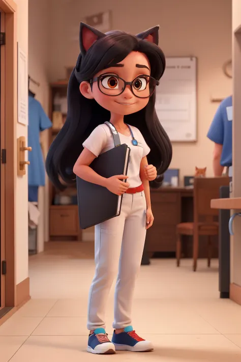 Girl with red cat eye glasses, black straight long hair, scrubs, with and a clipboard on hand, and white pants and blue shoes