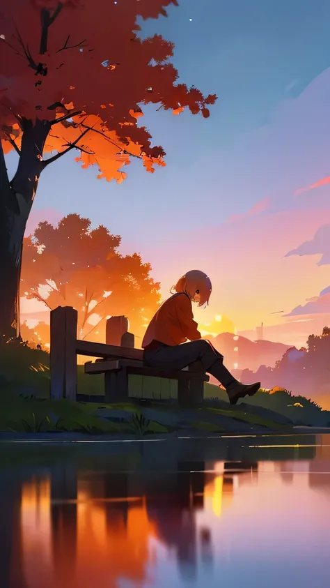 "Create a serene and introspective scene where a lone figure sits on a wooden bench atop a hill, gazing at a breathtaking sunset. The sky is painted with vibrant hues of orange and red, while a large tree with lush green foliage frames the scene. Below, a ...