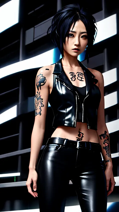 (highest quality),masterpiece,Super detailed,8K, UHD,Beautiful woman,japanese woman,No expression,whole body,((tattoo)),slim,black leather pants,black leather vest,(female mafia),gangster,(cyberpunk city),night,cinematic lightening,underworld