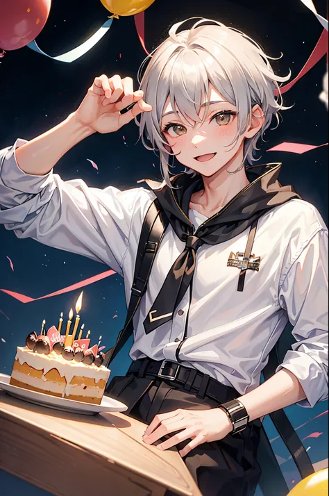 Celebrate a birthday,chum,Kizuna element,Young men,a cake,a smile,Gray Hair