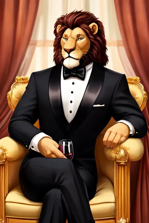 Create an elegantly seated lion holding a glass of wine while wearing a tuxedo 