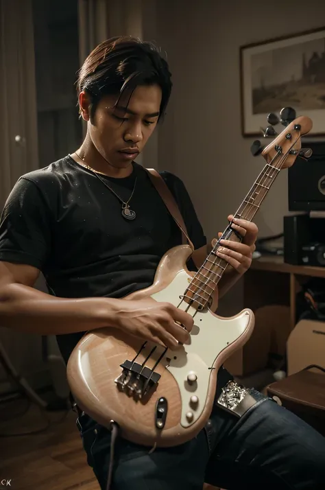 a handsome Indonesian man playing bass guitar, extremely detailed face and hands, realistic, photorealistic, photo-realistic:1.37, ultra-detailed, (best quality,8k,highres,masterpiece:1.2), dramatic lighting, moody atmosphere, cinematic, warm color tones, ...