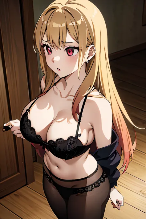 (masterpiece, best quality:1.2), 1girl, solo, female, rounded breasts, perky tits, huge breasts, black lace bra, black lace panties, black tights, seductive, smooth body,  kitagawa marin, 1girl, blonde hair, long hair, multicolored hair, red eyes, jewelry,...