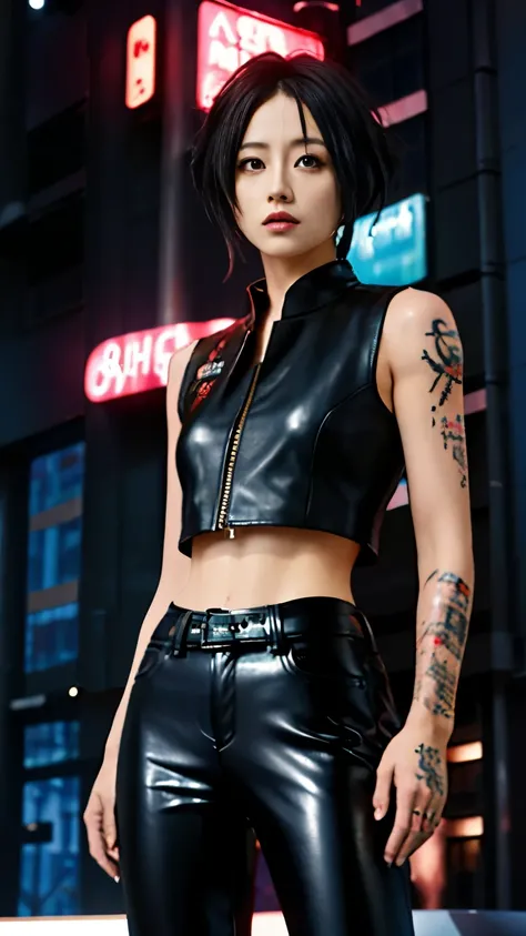 (highest quality),masterpiece,Super detailed,8K, UHD,Beautiful woman,japanese woman,No expression,whole body,((tattoo)),slim,black leather pants,black leather vest,(female mafia),gangster,(cyberpunk city),night,cinematic lightening,underworld
