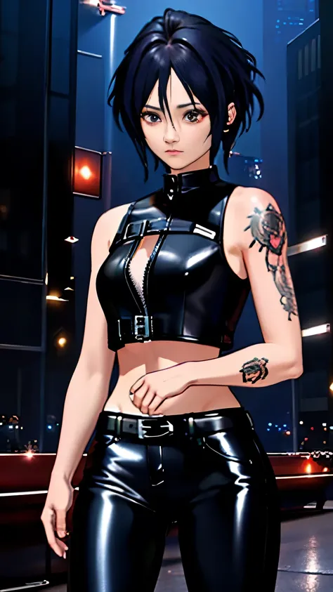 (highest quality)，masterpiece，Super detailed，8K, UHD，Beautiful woman，japanese woman，No expression，whole body，((tattoo))，slim，black leather pants，black leather vest，(female mafia)，gangster，(cyberpunk city)，night，cinematic lightening，underworld