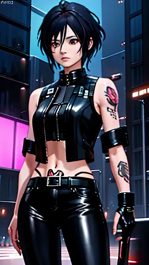(highest quality),masterpiece,Super detailed,8K, UHD,Beautiful woman,japanese woman,No expression,whole body,((tattoo)),slim,black leather pants,black leather vest,(female mafia),gangster,(cyberpunk city),night,cinematic lightening,underworld