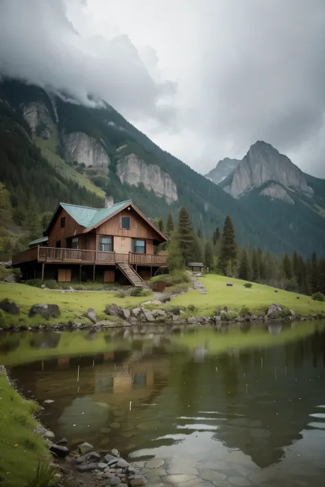 house in the mountains with rain


