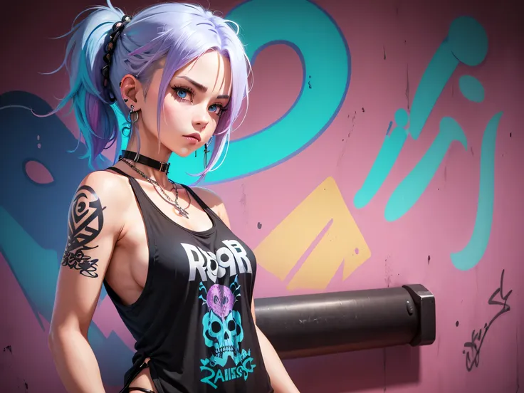 loose fitting tank top vest, side boob, 1girl, (Masterpiece, illustration, high quality), (Ultra detailed background and character), (Graffiti style), (monochrome), (Multicolor drawing), (Multicolor hair), 
(from the side, Side view), ((portrait) ), 
1girl...