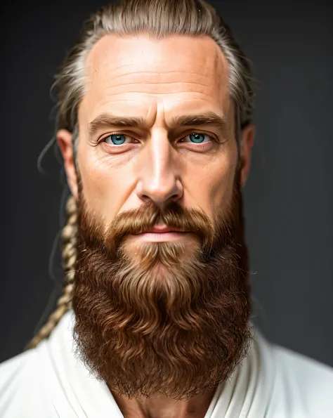 (symmetry),centered,a ((close)) up portrait,(Jesus),a very handsome old white man with long cornrow hairstyle and a beard,wearing a long white robe, natural skin,clothes  detail, 8k texture, 8k, insane details, intricate details, hyperdetailedhighly detail...