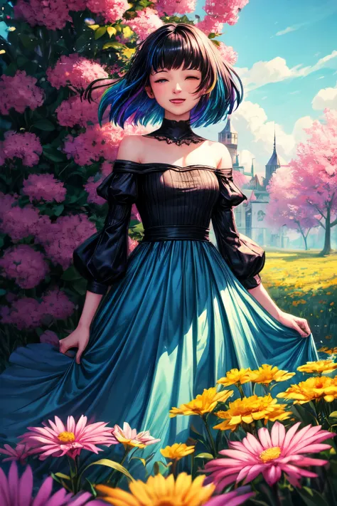 Create an image of the protagonist of GRIS, a young woman with black hair and dressed in a blue dress, expressing joy. She must be in a vibrant and colorful world, with a landscape filled with artistic elements such as multicolored trees, bright flowers, a...