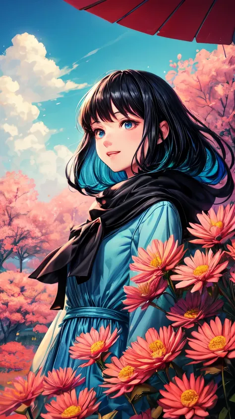 Create an image of the protagonist from GRIS, a young woman with black hair wearing a blue dress, expressing joy. She should be in a vibrant and colorful world, with a landscape filled with artistic elements such as multicolored trees, bright flowers, and ...