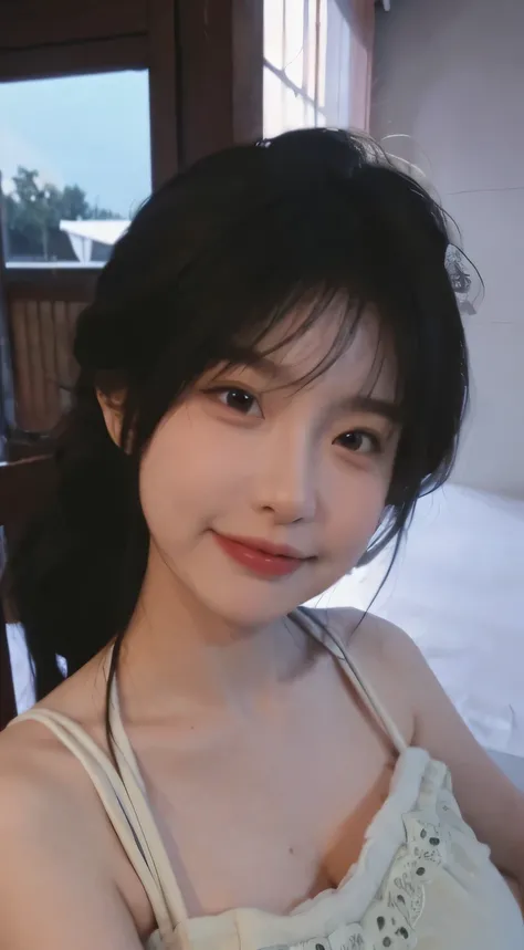 best qualtiy, Ultra-high resolution, (realisticlying:1.4),cute hairpin,Baoyu Girl,Wearing a white bandeau wedding dress,(big chest:1.2) ,A pair of clear and moving peach blossom eyes,Royal Sister,sunshine on face,Big wavy hairstyle,(choker necklace:1.2),(F...