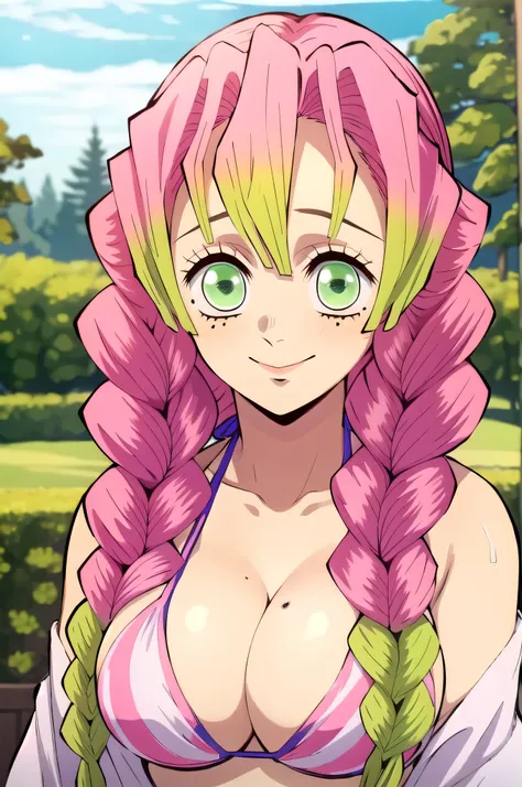 (masterpiece, best quality),  intricate details,
MitsuriKanroji,  kanroji mitsuri, 1girl, solo, upper body, sky, long hair, smiling, green eyes, pink hair, braid, outdoors, green hair, mole, blurry, twin braids, mole under eye, parody, portrait, close up, ...