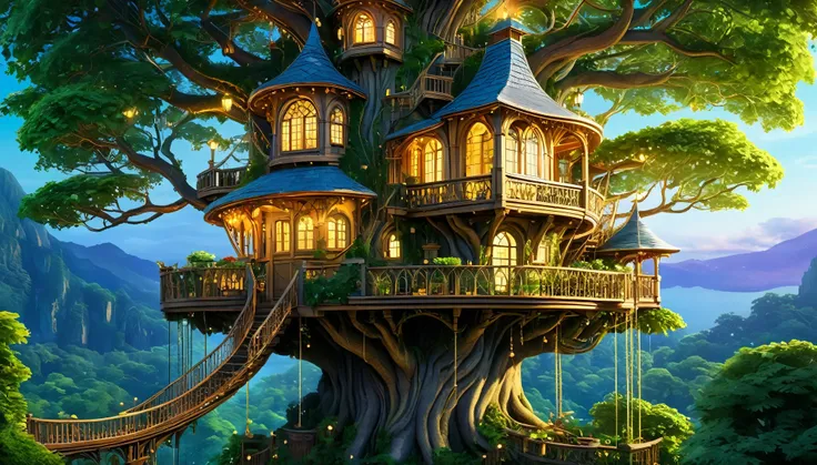 (whimsical treehouse,multiple floors,balconies,large tree,vibrant greenery,magical effect,fantasy,detailed environment,intricate architecture,lush foliage,warm lighting,enchanting atmosphere,highly detailed,cinematic,photorealistic,masterpiece:1.2,ultra-de...