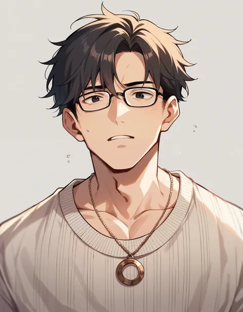 boy in sweater, necklace and glasses and black eyes