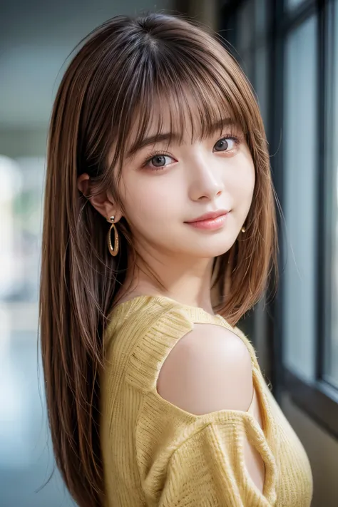 Upper Body、Beauty、Well-formed face、20-year-old、Uniform eyes、Small face、, light brown hair, hair over shoulder, parted bangs, straight hair, expressive hair, shiny hair, earrings, seductive smile, Surrealism, cinematic lighting, first-person view, pov, f/1....