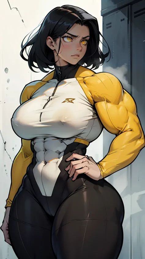 wide hips curvy thick thighs voluptuous large breasts muscular toned body bodybuilder black hair pale skin yellow eyes skintight expressionless sad sad