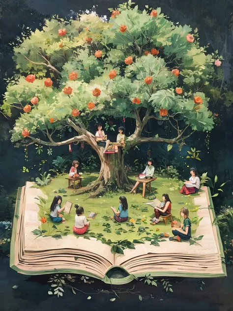 a beautiful outdoor picnic scene with people relaxing on a giant book, detailed illustration, hyper realistic, photorealistic, vivid colors, natural lighting, lush green grass, soft shadows, detailed leaves and flowers, intricate book cover texture, people...