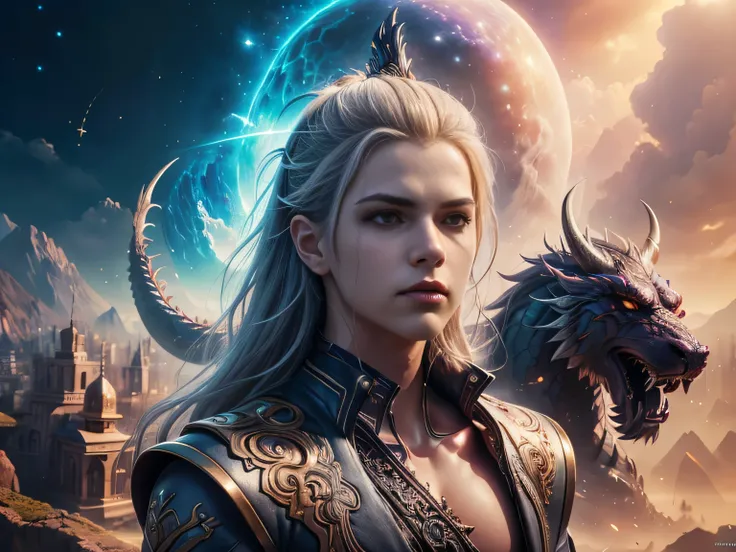 (Best Quality, 8K, Masterpiece, HDR, Soft Lighting, Picture Perfect, Realistic, Vivid), Male Humanoid Dragon (1.0), 1 Guy, Perfect Face, Super Detailed Photo of a Gorgeous Humanoid Dragon Man with Long White Hair, Side by Side lies a white dragon, Beautifu...