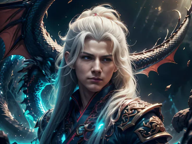 (Best Quality, 8K, Masterpiece, HDR, Soft Lighting, Picture Perfect, Realistic, Vivid), Male Humanoid Dragon (1.0), 1 Guy, Perfect Face, Super Detailed Photo of a Gorgeous Humanoid Dragon Man with Long White Hair, Side by Side lies a white dragon, Beautifu...